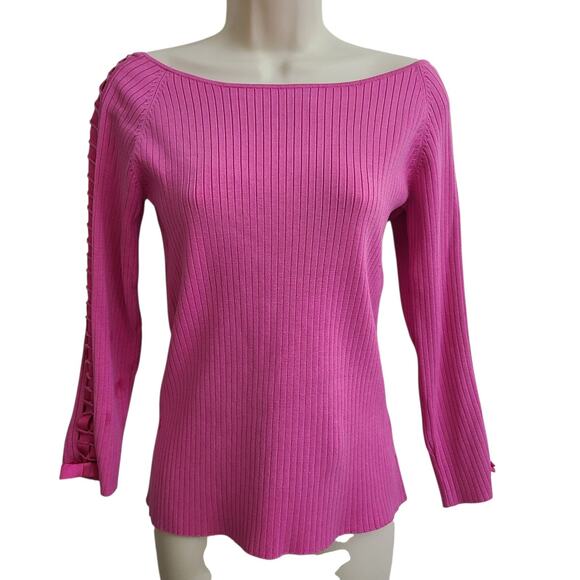 Y2K Ribbed Knit Long Sleeve Top Laced Caged Sleeves Silk Blend Large - Picture 1 of 9